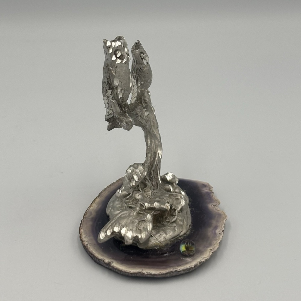 Vintage Pewter Owls On Branch with Mushrooms Figure on Purple Agate - Picture 12 of 16